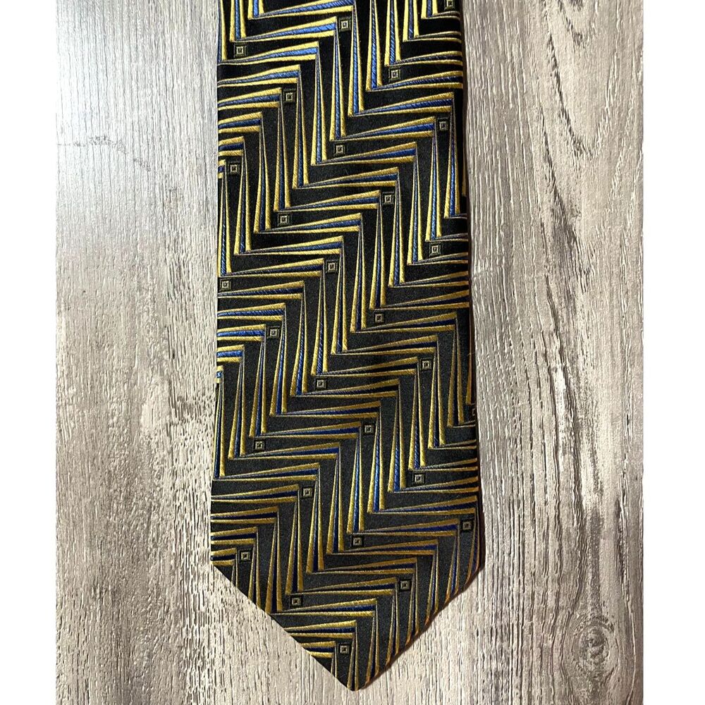 Vintage Italian Silk Tie Black Gold Blue Geometric Art Deco Handmade 4x60